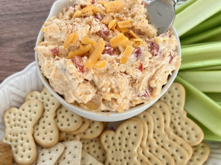 pimento cheese served with crackers and celery. recipe by jill bauer