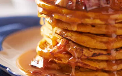 Pumpkin Pancakes With Salted-Caramel-Bacon Syrup