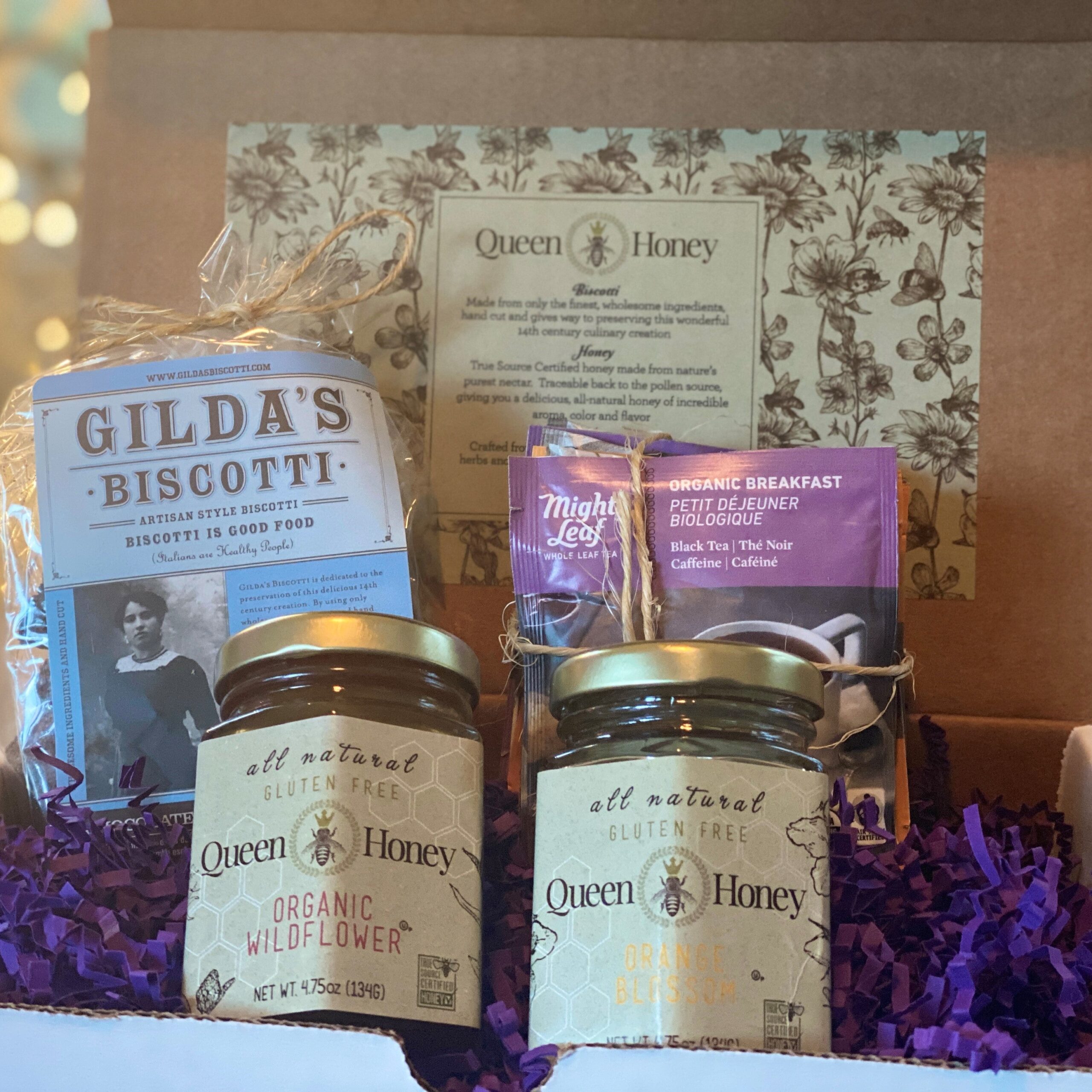 Queen Honey Gift Box with Honey, Tea and Biscotti