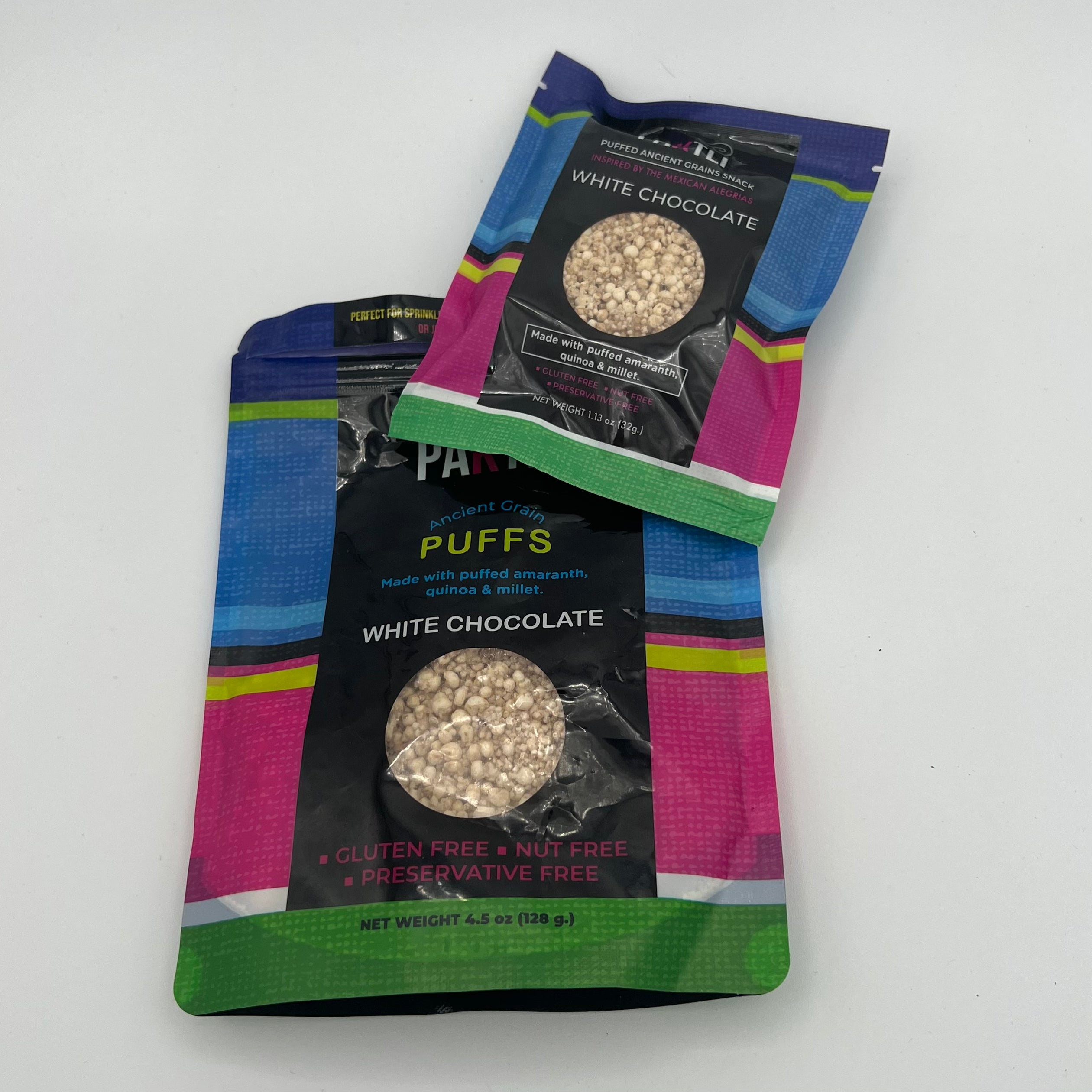 PAKTLI Puffed Ancient Grain White Chocolate Snack Cakes and Puffs