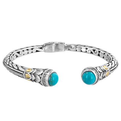 Bali Sterling Silver/18k Turquoise Carved Cable Bracelet with Leaf Design