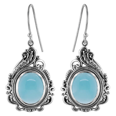 Bali Sterling Silver Scrollwork Oval Aqua Blue Chalcedony Earrings