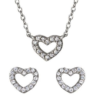 Sterling Silver 18″ Cubic Zirconia Heart Necklace and Earring Set