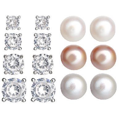 Sterling Silver Set of 7 Pair of Cubic Zirconia and Pearl Stud Earrings