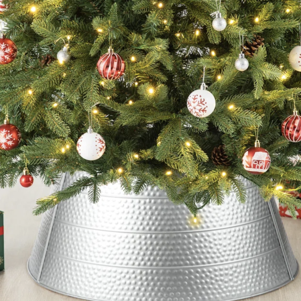 hammered tree collar is a great item to look for when holiday decor is on sale.