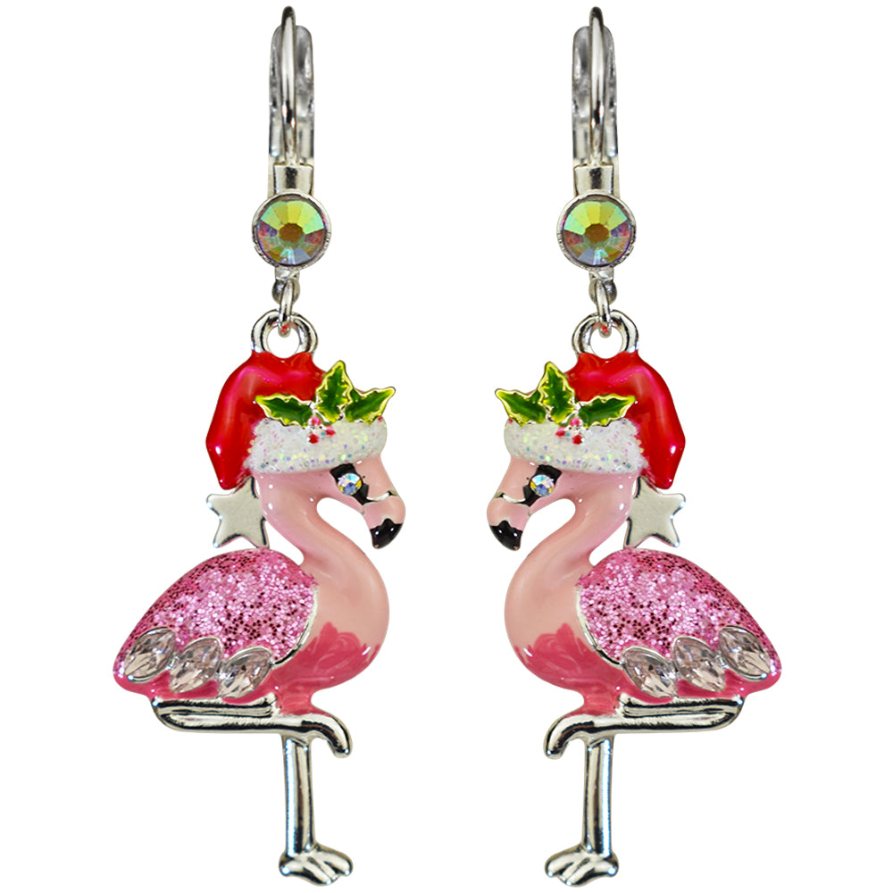 Kirks Folly Flirty Flamingo Santa Leverback Earrings-Silvertone