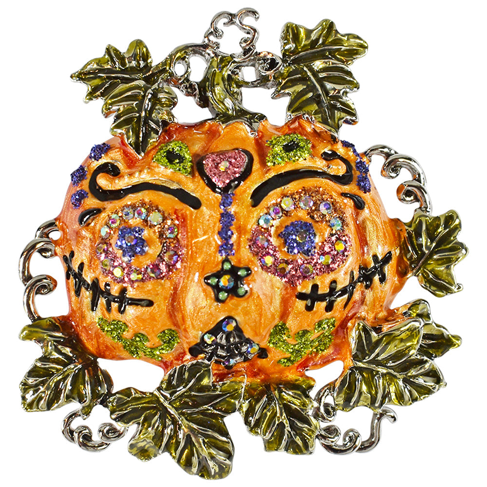 Sugar Skull Pumpkin Pin Pendant (Silvertone)