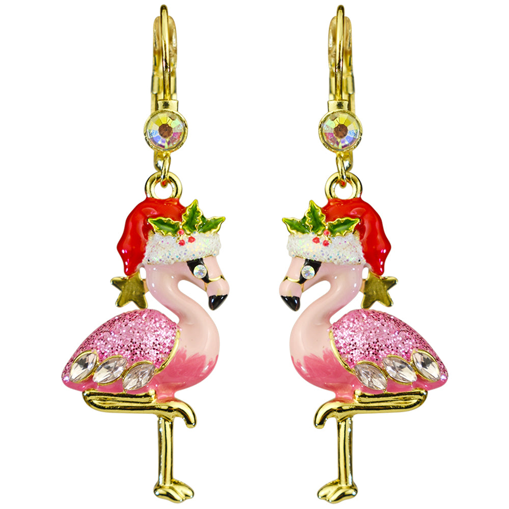 Kirks Folly Flirty Flamingo Santa Leverback Earrings-Goldtone