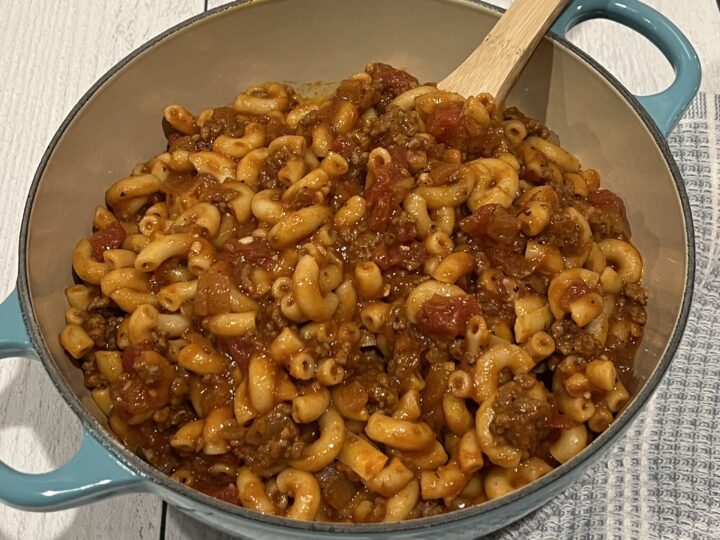 quick and hearty beef macaroni goulash soup in a le creuset dutch oven