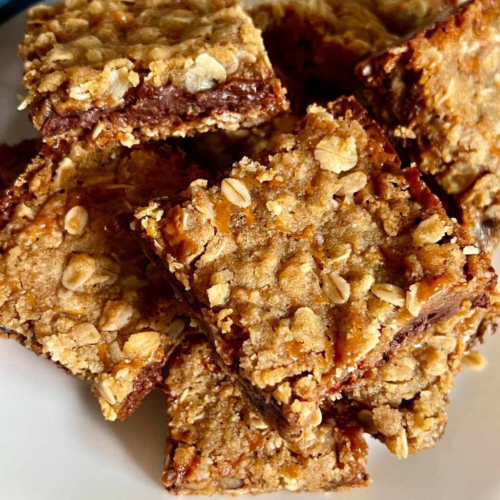 Carmelita bars~oats, caramel, chocolate and nuts. 
