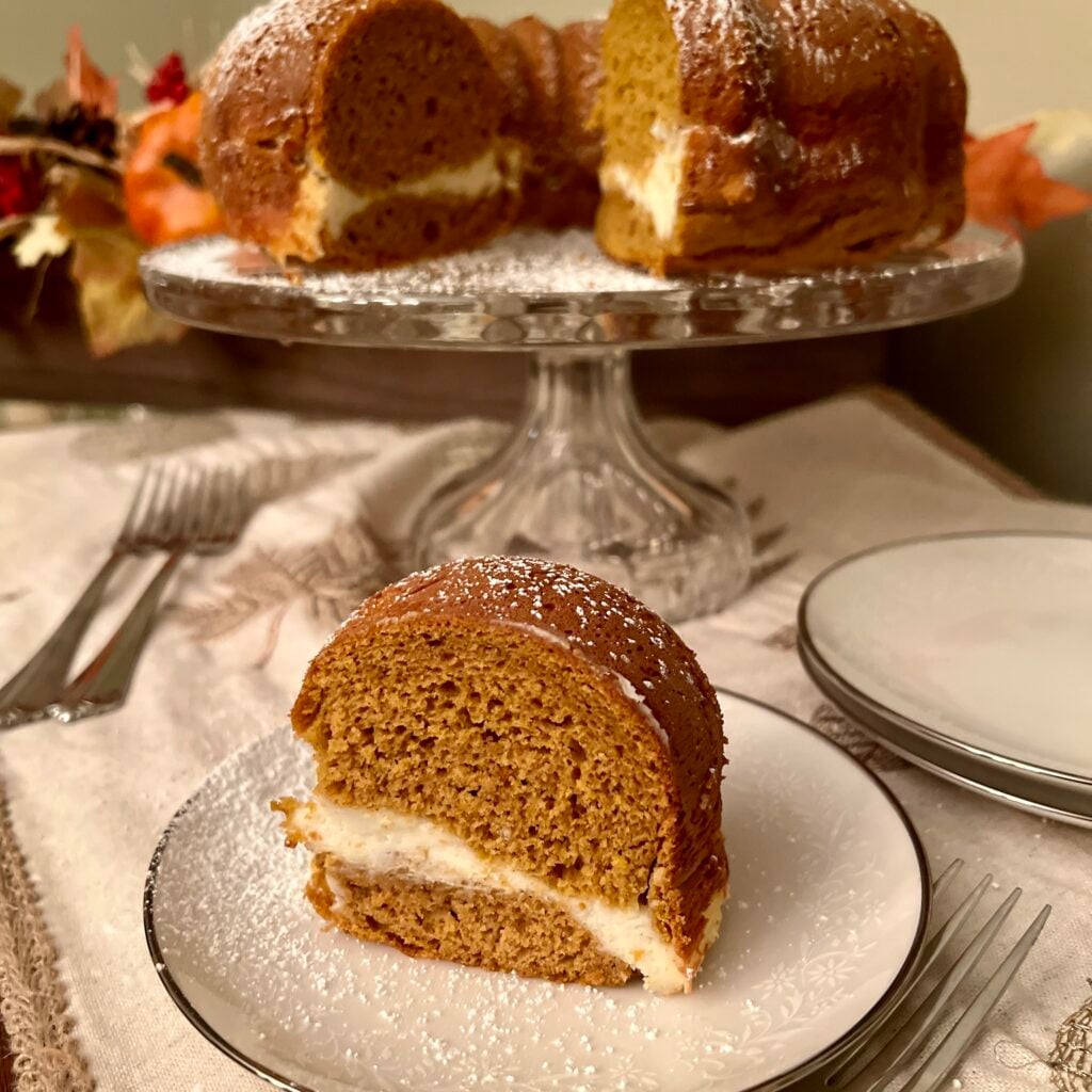 pumpkin cake with cream cheese swirl